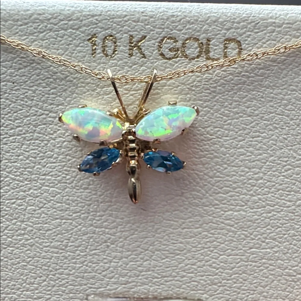 10K Gold Butterfly Necklace with Opal and Blue Topaz Gemstones - Picture 1 of 2